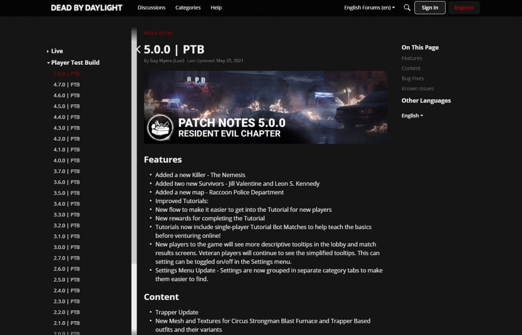 dbd informacje o aktualizacji
