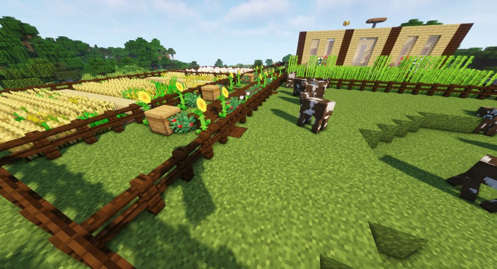 Krowa Minecraft - farma pszenicy i trzciny obok