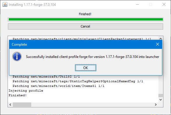 Pomyślna instalacja Forge dla Minecrafta 1.17