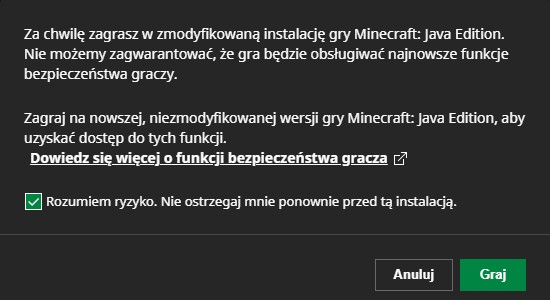 Ostrzeżenie o uruchamianiu wersji Forge 1.17+