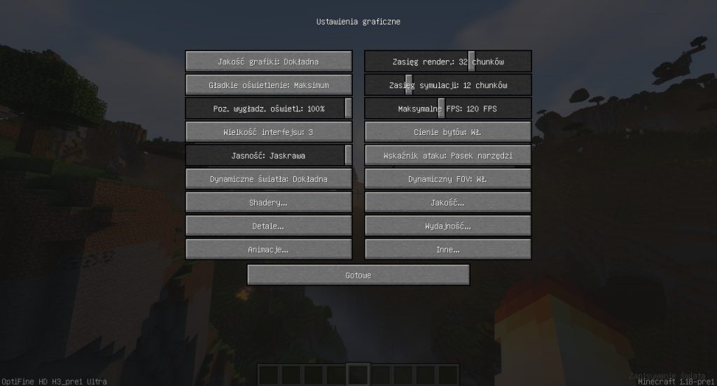 Ustawienia OptiFine dla Minecrafta 1.18