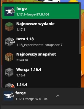 Wybieranie wersji Minecrafta w lancherze: Forge 1.17+