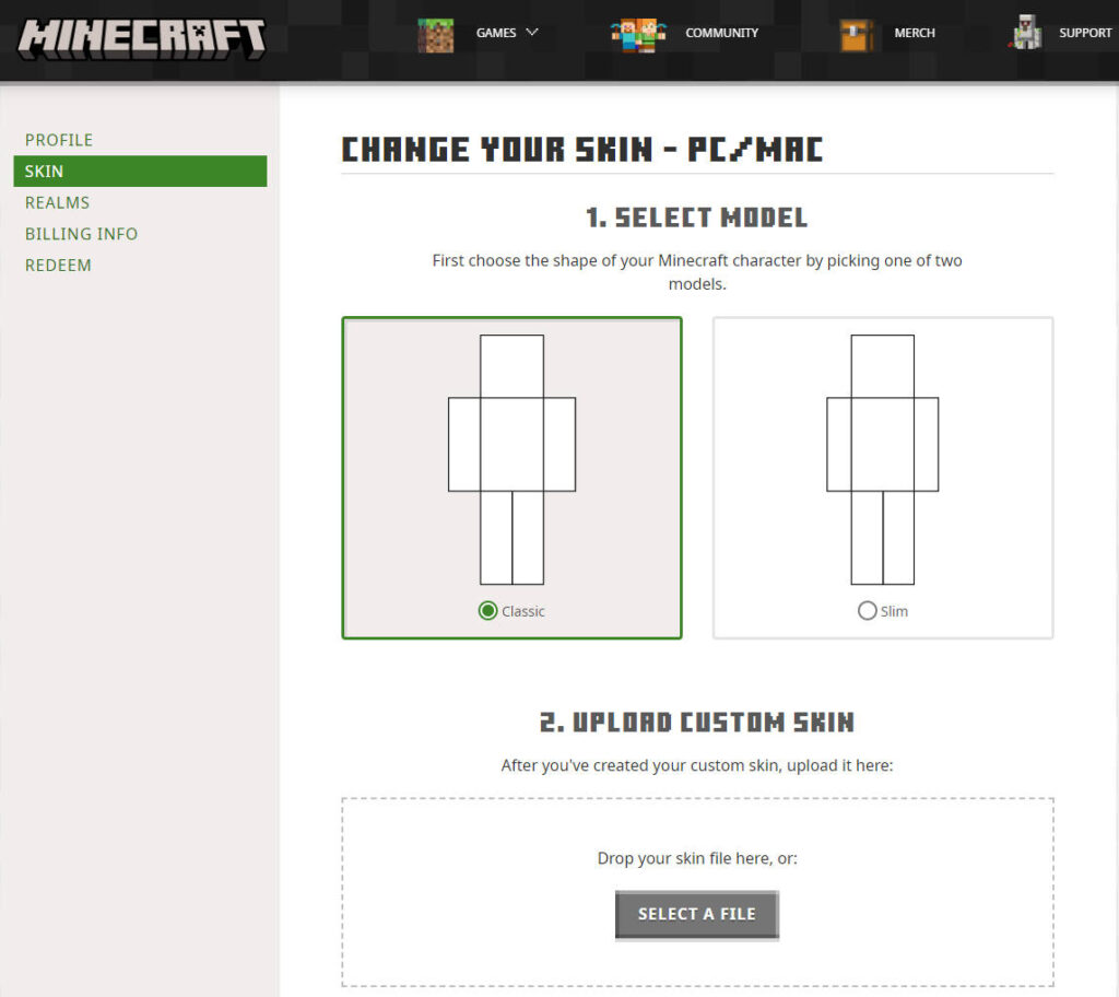 wgrywanie skina na minecraft.net