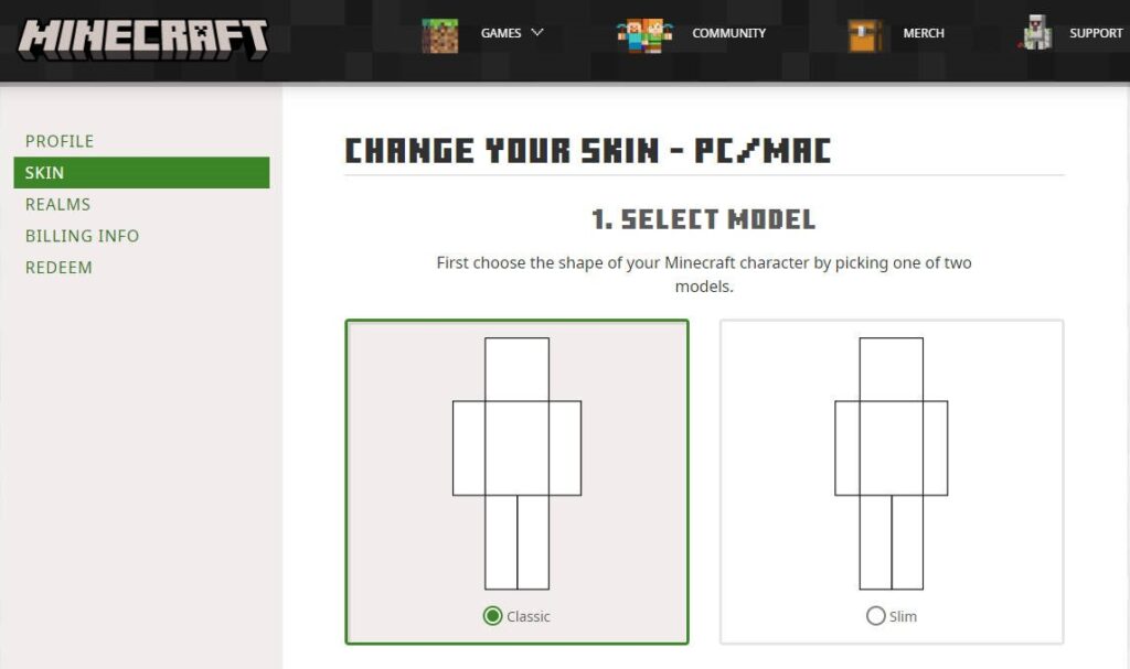 wybór rozmiaru skina Minecraft